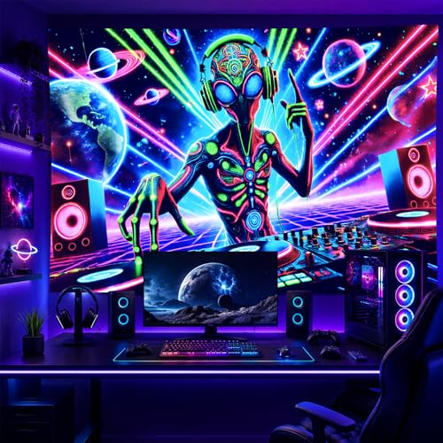 Blacklight Tapestry Alien DJ Party Backdrop 78 x 59 Inch