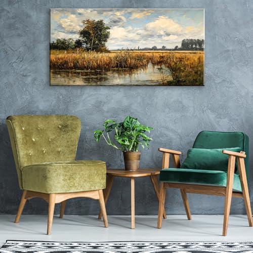 Beautiful Wilderness Meadow Canvas Wall Art Oil Painting Reproduction Print Vintage Wildflower Field Scenery Countryside Landscape Tree Rustic Retro Decor Artwork for Country Farmhouse Bedroom 20x40 Inches