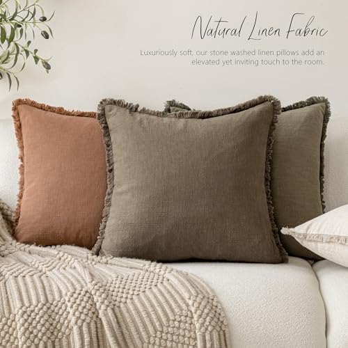 Decorative Linen Fringe Throw Pillow Covers 22×22 Light Brown (2 Count)