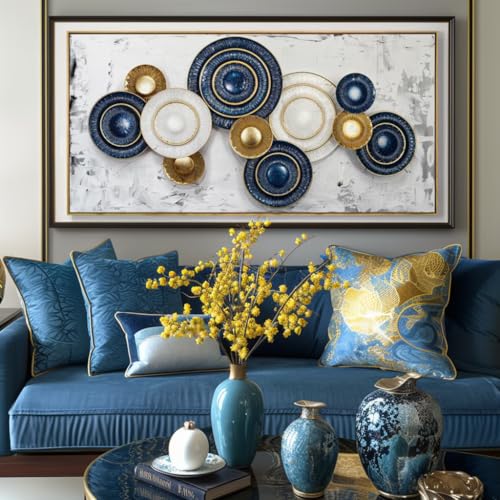 Wall Art Canvas Painting Blue and Yellow 24"x48" with Framed
