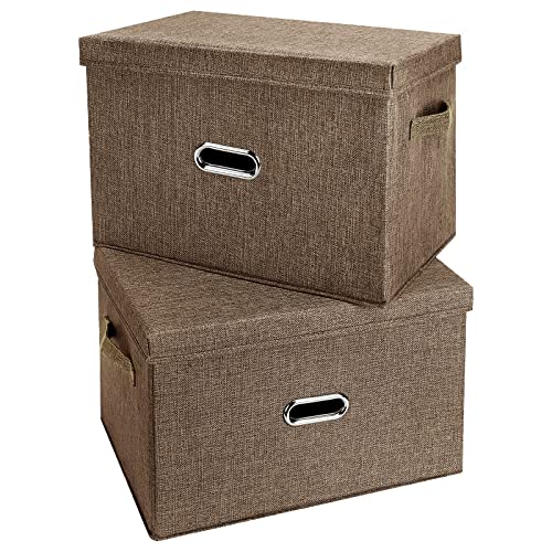 Large Linen Fabric Foldable Storage Bins with Removable Lid and Handles