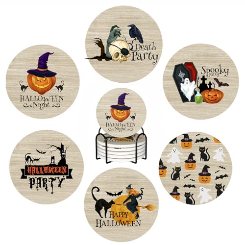 Halloween Coaster for Drinks Set of 6 with Metal Holder and Cork Base Ceramic Drink Coasters Absorbent Cup Mat Non