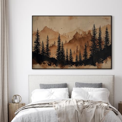 46"x72" Extra Large Framed Wall Art Rustic Mountain Pine Forest Silhouette in Warm Earth Tones for Home Living Room Bedroom Decor