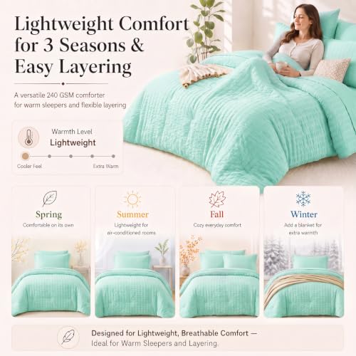 King Size Comforter Set 7 Pieces Mint Green Seersucker Bed in a Bag