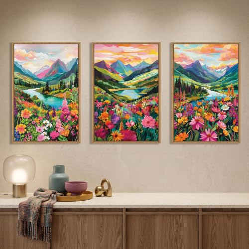 Colorful Mountain Floral Framed Canvas Wall Art Set