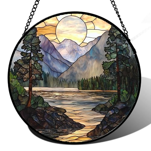 Mountain Lake Stained Glass Window Hanging Suncatcher Gifts for Women 9.8"