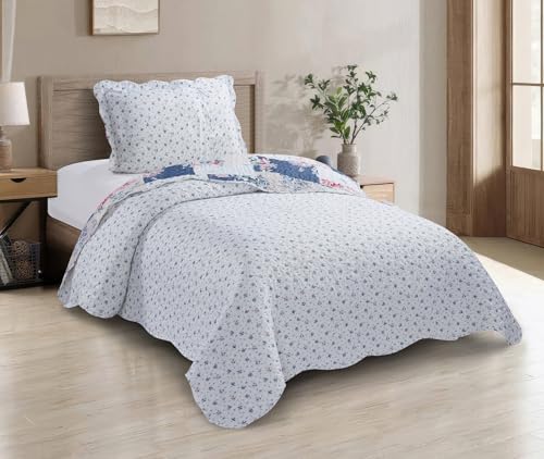 Pink Rose & Blue Toile Patchwork Quilt Set