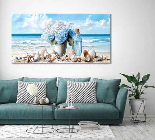 Romantic Beach Wall Art for Living Room Blue Shells Conch Vase Canvas Prints Modern Large Flower Bottle Bedroom Ocean Artwork Decor