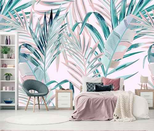 Pink and Green Palm Leaf Peel and Stick Wallpaper for Girl's Bedroom