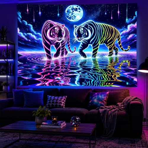 Psychedelic Blacklight Tapestry Banner 79x59 Inch Neon Tapestry Tiger Cosmic Moon Water Reflection Art Aesthetic Bohemian Glow In The Dark Decor Wall Hanging Trippy Vibrant Black Light Tapestries