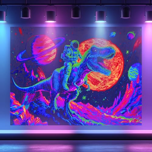 Blacklight Tapestry Dinosaur Astronaut Wall Art 78 x 59 Inch
