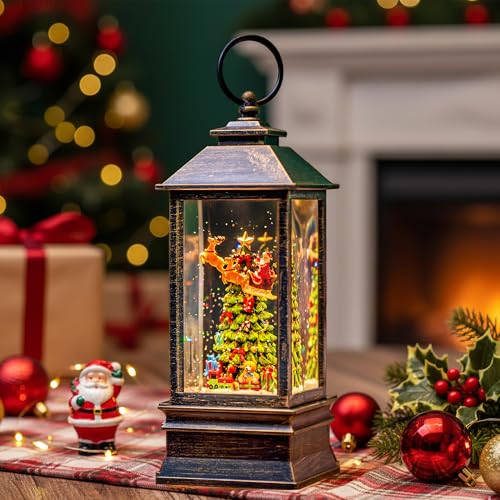 10.4" Christmas Snow Globe Flying Santa Around The Tree Water Lantern