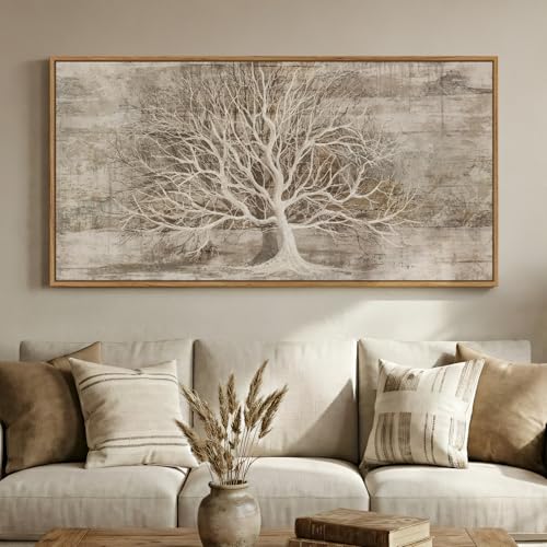 Large Framed Neutral Tree of Life Wall Art for Living Room
