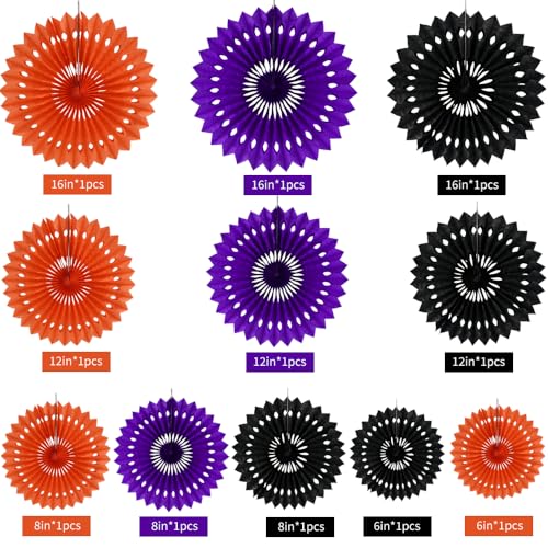 Honeycomb Round Paper Fans Black Orange Purple Hanging Party Decor (11 Count)