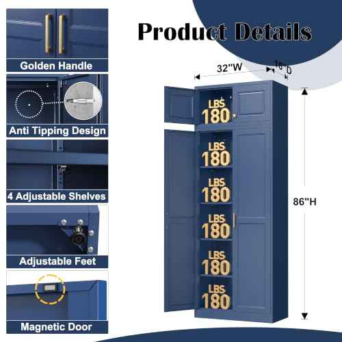 86"Metal Pantry Storage Cabinet with Doors & 4 Adjustable Shelves