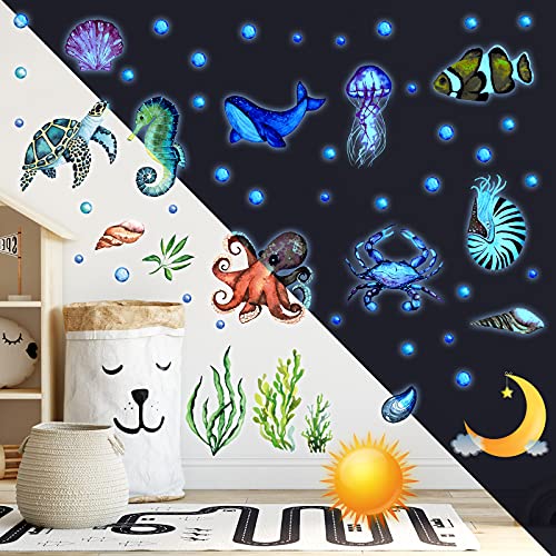 52 Pcs Ocean Fish Wall Decals Glow in The Dark Under The Sea Wall Decals Sea Life Animals Stickers Removable Waterproof Peel and Stick Decal for Girl Boy Kids Bedroom Nursery Bathroom (4 Count)