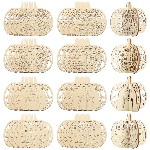 DIY 3D Halloween Pumpkin Wood Crafts to Paint for Kids Adults (24 Count)