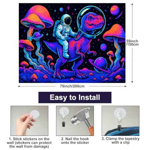Blacklight Tapestry Astronaut Dinosaur Wall Art 78 x 59 Inch