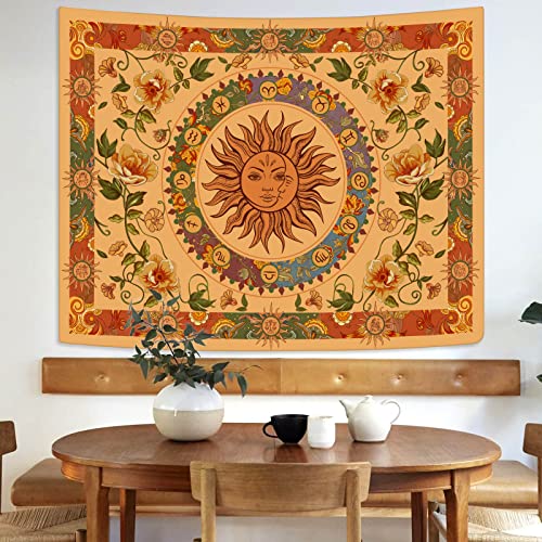 Yellow Sun and Moon Tapestry Hippie Indie Tapestries Boho Orange Flower Floral Tapestry Wall Hanging Cool Vintage Aesthetic Wall Tapestry for Bedroom Living Room Dorm