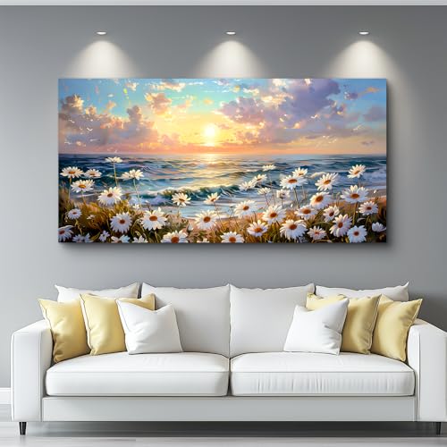 Large Canvas Wall Decor For Restaurant Wall Art For Living Room Bedroom Decor Beach With Waves Landscape Painting White Flowers Painting Artwork Office Bathroom Home Decoration 30x60 In