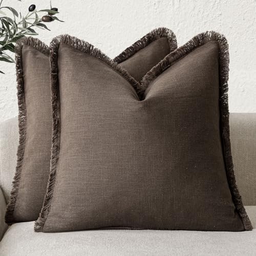 Decorative Linen Fringe Throw Pillow Covers 20×20 Reddish Brown (2 Count)