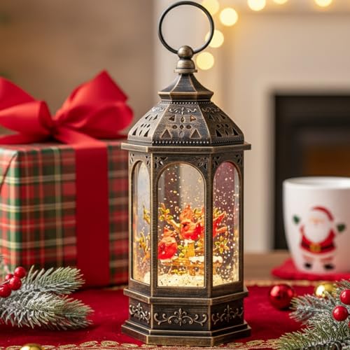 Christmas Snow Globe Lantern Water Glittering 10.5'' Cardinal with Music& Timer