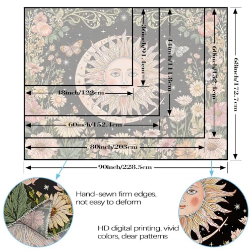 Boho Vintage Sun and Moon Hippie Floral Tapestry 48 x 36 Inch