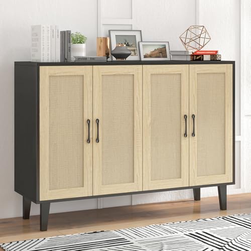 Buffet Storage Cabinet with Rattan Decorating 4 Doors Living Room Kitchen Sideboard 48.43 x 34.65 x 15 inch
