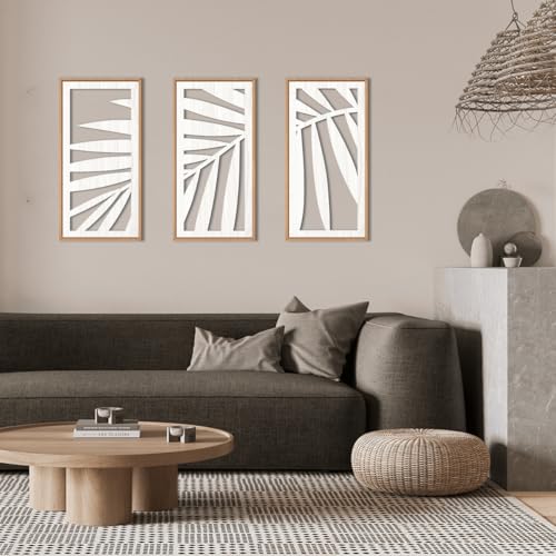 Tropical Palm Tree Leaf Wood Wall Art White Framed 8x16 Inch Set of 3 Hawaii Plant Leaves Wooden Wall Decor Minimalist Boho Artwork for Living room Bedroom Office