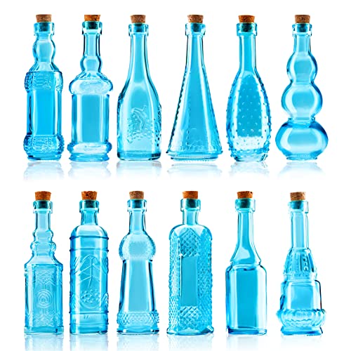 Small Blue Vintage Glass Bottles with Corks (12 Count)