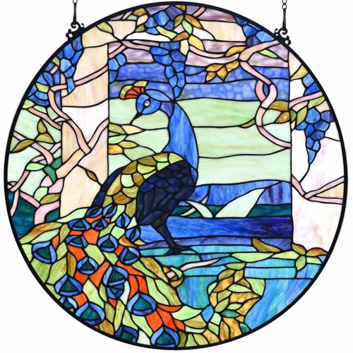 W10094 Blue Peacock Tiffany Style Stained Glass Round Window Panel