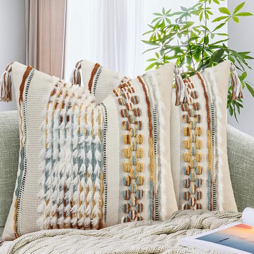 Set of 2 Chenille Striped Tufted Textured Boho Throw Pillow Covers Aesthetic with Tassels Woven Decorative Pillow Case for Couch Bed Sofa Bedroom Modern Funky 18 x 18 (2 Count)
