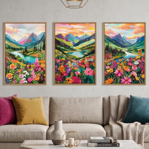 Colorful Mountain Floral Framed Canvas Wall Art Set
