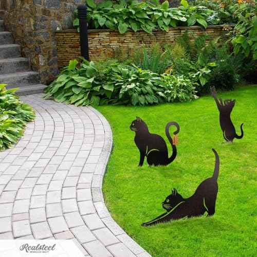 I 3 Pack Steel Cat Garden Decor I Outdoor Yard Decorations I Gift for Cat Lovers I Lawn Ornaments and Statues I Garden Signs Decorative Outdoor (3 Count)