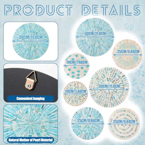 7 Pcs Blue Mother of Pearl Shell Plate Coastal Wall Art Mosaic Wall Sculpture Shell Handmade Hanging Plates Arts for Christmas Bedroom Bathroom Home Office Hotel (7 Count)