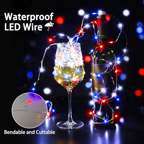 4th of July Decor 3 Pack Fairy Light Battery Operated Remote Red White Blue (3 Count)