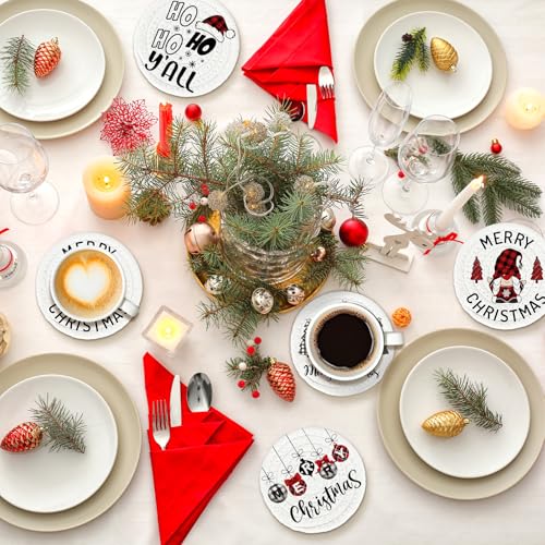 Merry Christmas Cotton Coasters Xmas Plaid Tree Gnome Handmade Braided Drink Coasters Absorbent Cup Mats for Christmas Holiday Party Home Table Decor (4 Count)