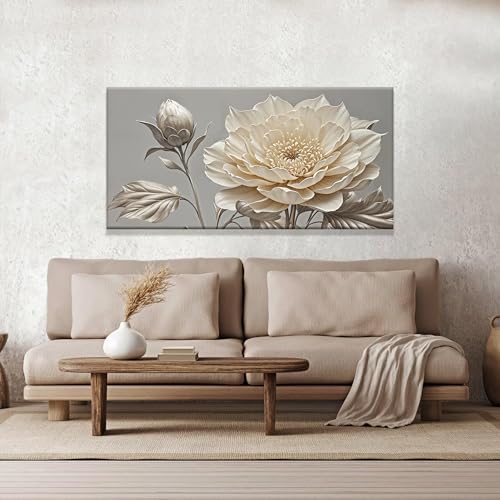 White Wall Art For Living Room Silver White Flower Wall Art Print Modern Canvas Art Wall Decor Home Decor Suitable Pictures For Bedroom Apartment Office Can Be Hung 24" X 48"