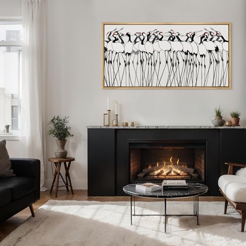 Extra Large Framed Canvas Print Wall Art Minimalist Crane Flock Japanese Ink Style Bird Illustrations Decorative Colorful Multicolor for Bedroom