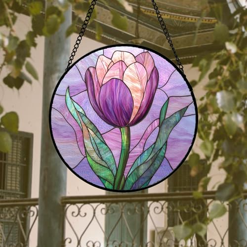 Stained Glass Window Hanging 4 Pcs Set Purple Flower Theme Large 15"