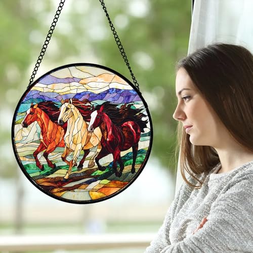 Running Horses Stained Glass Window Hanging Suncatcher Gift for Women 6.3"