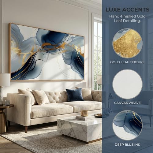Abstract Painting Modern Art Wall Mural Gold And Blue Background Wall Decor for Living Room Bedroom Print on Artwork Home Decor Framed 30x60inch