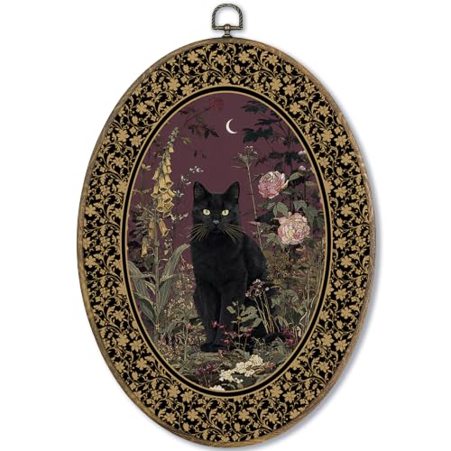 Vintage Black Cat Dark Floral Botanical Oval Wall Art Decor 9x12