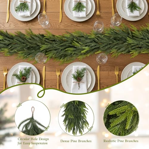 2 PCS Christmas Garland Norfolk Pine Garland Real Touch Faux Christmas Greenery Xmas Garland for Mantle