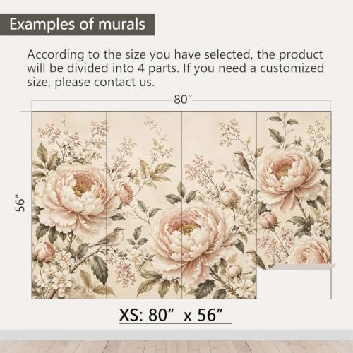 Retro Peony Floral Peel and Stick Wallpaper Mural for Bedroom