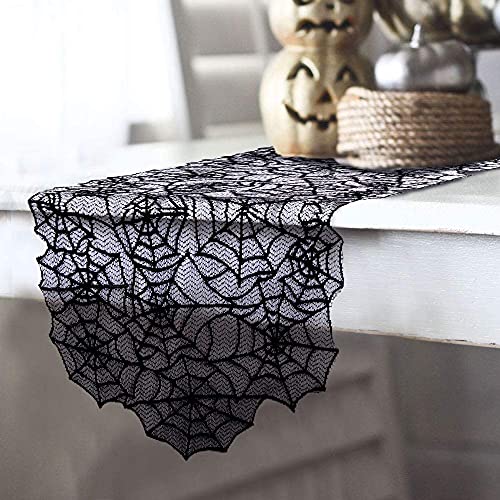 4 Pack Halloween Decorations Tablecloth Runner Black Lace Round Spider Cobweb Table Cover Fireplace Mantel Scarf Spiderweb with 60 Pcs 3D PVC Scary Black Bat Sticker Halloween Party Supplies (63 Count)