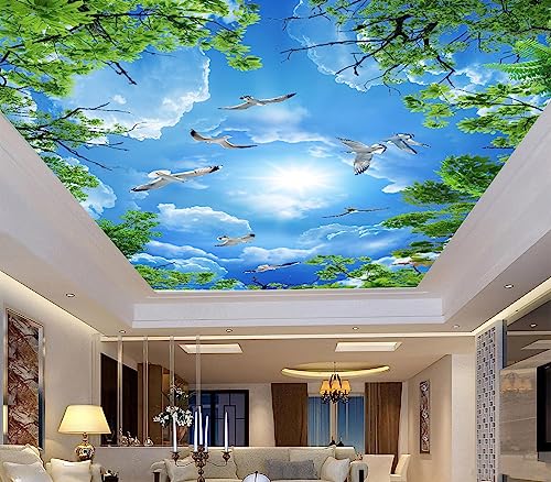 Sky Seagull Green Tree Ceiling 3D wall Mural Wallpaper 178" x 117" (144.6 Sq Ft)
