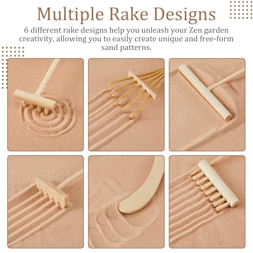 8 Pcs Mini Zen Garden Kit for Table Decor DIY Your Own Zen Garden 8.5" x 6.7" Japanese Sand Tray 6 Rake Tools Meditation Gifts Set for Home Office Tabletop Accessories Therapy Stress Relief (8 Count)