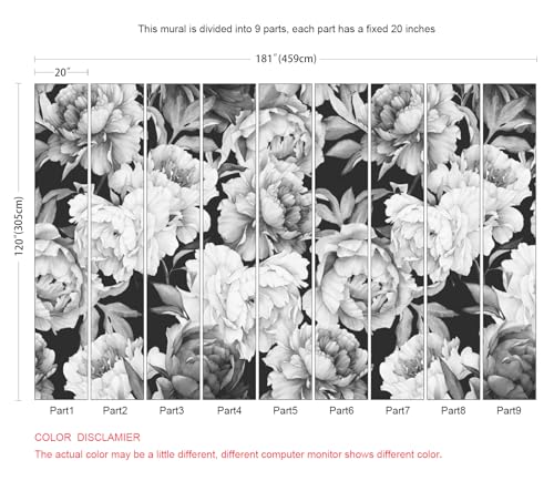 Black and White Peonies Wallpaper Watercolor Floral Mural Wallpaper for Bedroom Living Room