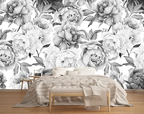 Gray Peonies Wallpaper Watercolor Floral Mural Wallpaper for Nursery (94 Sq Ft)